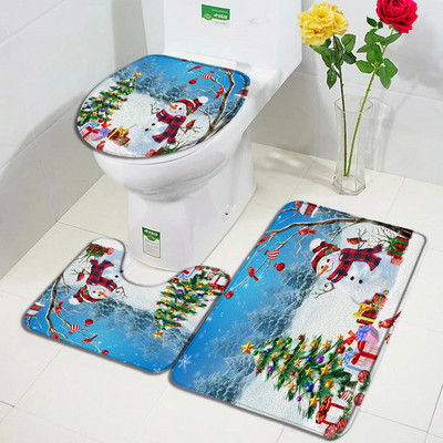 Božićni snjegović Set prostirki za kupanje Crvene ptice Bor Snijeg Zimski šumski krajolik Nova godina Kupaonski dekor Protuklizna prostirka Poklopac za WC školjku