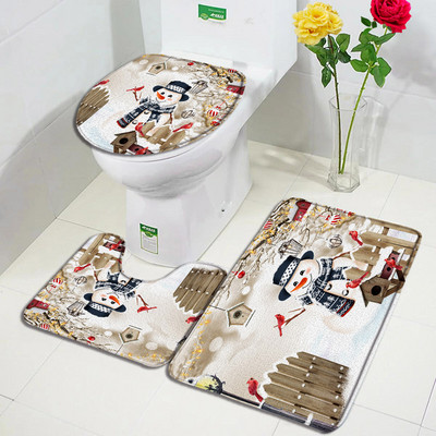 Božićni snjegović Set prostirki za kupanje Crvene ptice Bor Snijeg Zimski šumski krajolik Nova godina Kupaonski dekor Protuklizna prostirka Poklopac za WC školjku