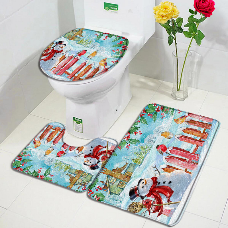 Božićni snjegović Set prostirki za kupanje Crvene ptice Bor Snijeg Zimski šumski krajolik Nova godina Kupaonski dekor Protuklizna prostirka Poklopac za WC školjku
