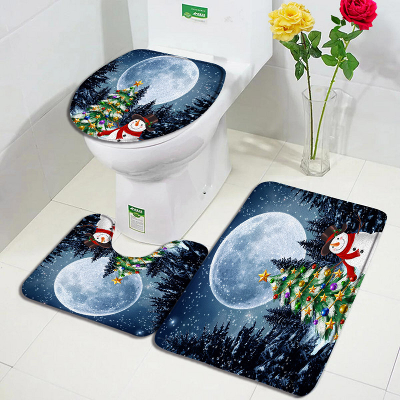 Božićni snjegović Set prostirki za kupanje Crvene ptice Bor Snijeg Zimski šumski krajolik Nova godina Kupaonski dekor Protuklizna prostirka Poklopac za WC školjku