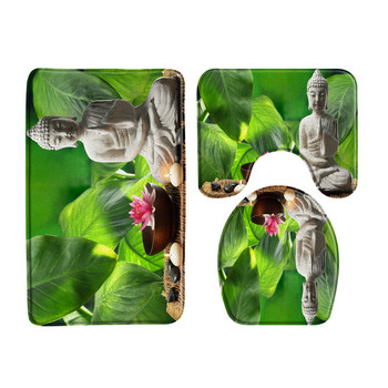 Πράσινο μπαμπού Buddha Zen Σετ χαλάκια μπάνιου φανελένιο χαλί Μαύρη πέτρα Λουλούδια κήπου σκηνικό σε σχήμα U Μαξιλάρι τουαλέτας Διακόσμηση μπάνιου