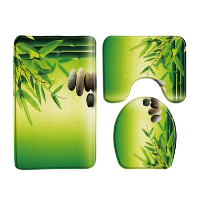 Zeleni bambus Buddha Zen set prostirki za kupaonicu Flanelski tepih Crno kameno cvijeće Vrtni krajolik U-oblik Jastučić WC prostirka Dekoracija kupaonice