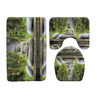 Zeleni bambus Buddha Zen set prostirki za kupaonicu Flanelski tepih Crno kameno cvijeće Vrtni krajolik U-oblik Jastučić WC prostirka Dekoracija kupaonice