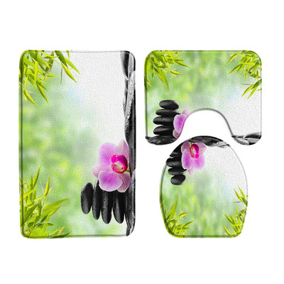 Zeleni bambus Buddha Zen set prostirki za kupaonicu Flanelski tepih Crno kameno cvijeće Vrtni krajolik U-oblik Jastučić WC prostirka Dekoracija kupaonice