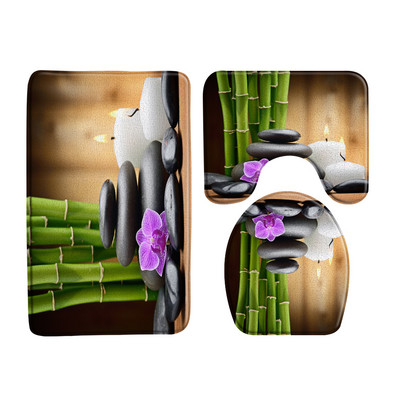 Zeleni bambus Buddha Zen set prostirki za kupaonicu Flanelski tepih Crno kameno cvijeće Vrtni krajolik U-oblik Jastučić WC prostirka Dekoracija kupaonice