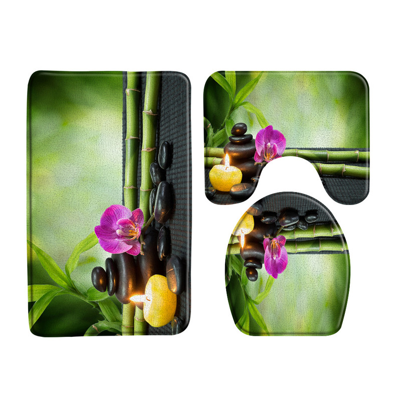 Zeleni bambus Buddha Zen set prostirki za kupaonicu Flanelski tepih Crno kameno cvijeće Vrtni krajolik U-oblik Jastučić WC prostirka Dekoracija kupaonice