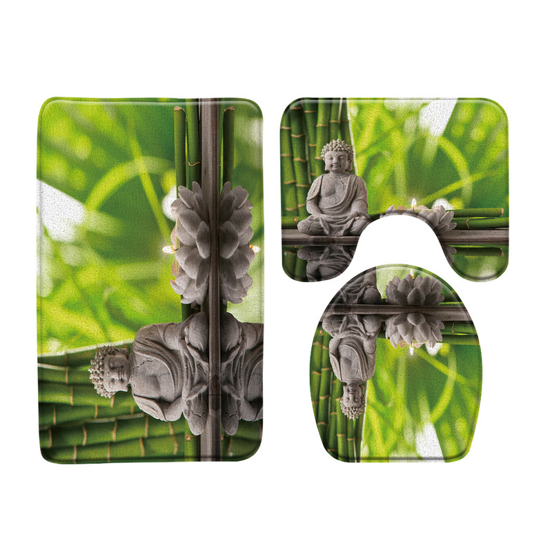 Zeleni bambus Buddha Zen set prostirki za kupaonicu Flanelski tepih Crno kameno cvijeće Vrtni krajolik U-oblik Jastučić WC prostirka Dekoracija kupaonice