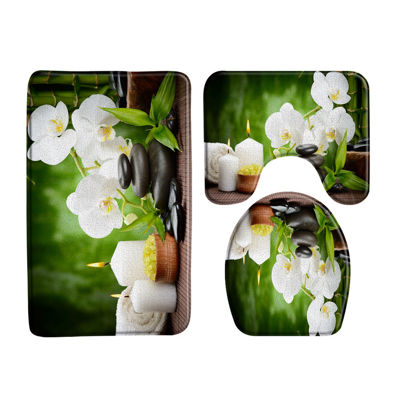 Zeleni bambus Buddha Zen set prostirki za kupaonicu Flanelski tepih Crno kameno cvijeće Vrtni krajolik U-oblik Jastučić WC prostirka Dekoracija kupaonice