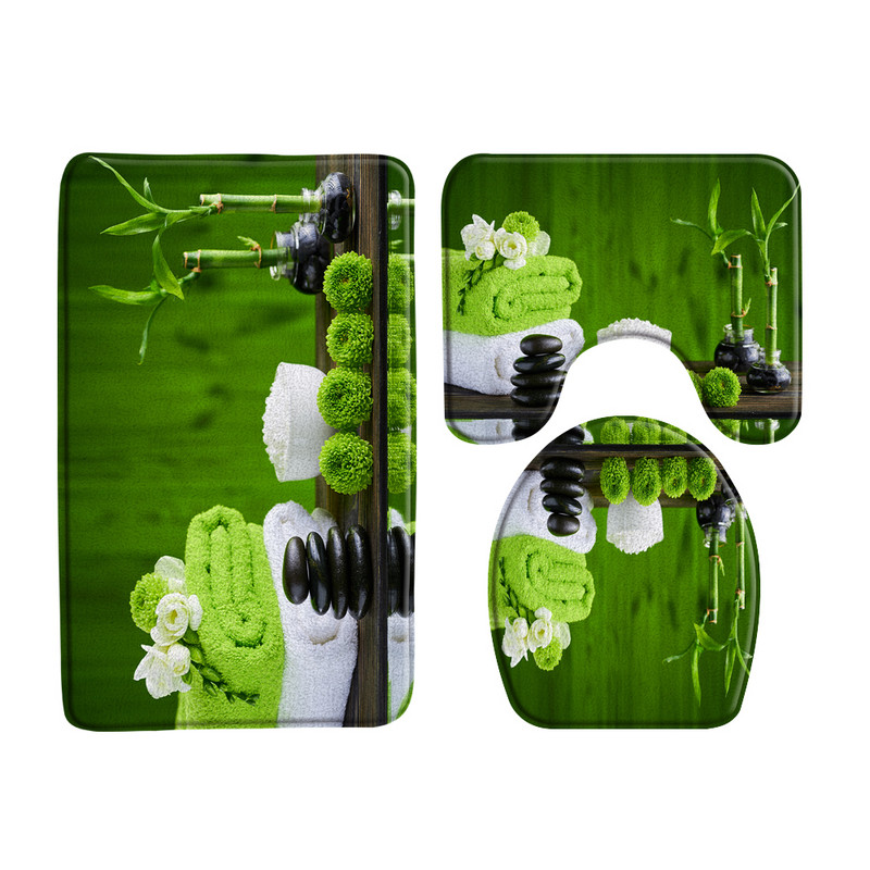 Zeleni bambus Buddha Zen set prostirki za kupaonicu Flanelski tepih Crno kameno cvijeće Vrtni krajolik U-oblik Jastučić WC prostirka Dekoracija kupaonice