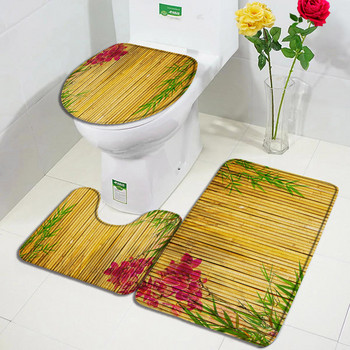 Σετ χαλάκια μπάνιου από μπαμπού Flower Carp Πράσινα Φυτά Φύλλα Σπιτιού Χαλί κουζίνας Φανέλα Διακόσμηση μπάνιου Χαλί πόρτας Αντιολισθητικό Χαλάκι καπάκι τουαλέτας