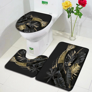 Комплект постелки за баня с тропически растения Злато, черни листа, палмови листа на монстера, модерен домашен килим, декор за баня, неплъзгащ се килим, капак на капака на тоалетната
