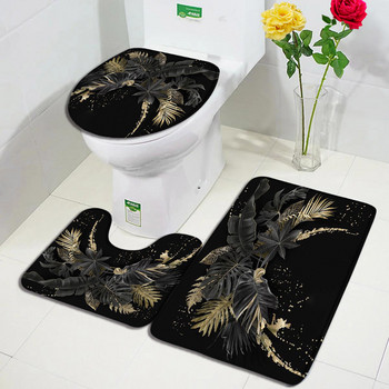 Комплект постелки за баня с тропически растения Злато, черни листа, палмови листа на монстера, модерен домашен килим, декор за баня, неплъзгащ се килим, капак на капака на тоалетната