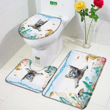 Αστείο σετ χαλάκι μπάνιου ζώων Γελοιογραφία Καταδύσεις Γάτα Σκύλος Θαλάσσια Χελώνα Ιππόκαμπος Ωκεανός Σκηνικό Διακόσμηση Μπάνιου Μοκέτα Αντιολισθητικό χαλί Καπάκι τουαλέτας