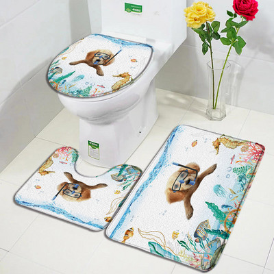 Smiješne životinje Set prostirki za kupanje Crtić Ronilačka mačka Pas Morska kornjača Morski konjić Oceanski krajolik Kupaonski dekor Tepih Neklizajući tepih Poklopac WC-a
