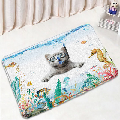 Smiješne životinje Set prostirki za kupanje Crtić Ronilačka mačka Pas Morska kornjača Morski konjić Oceanski krajolik Kupaonski dekor Tepih Neklizajući tepih Poklopac WC-a
