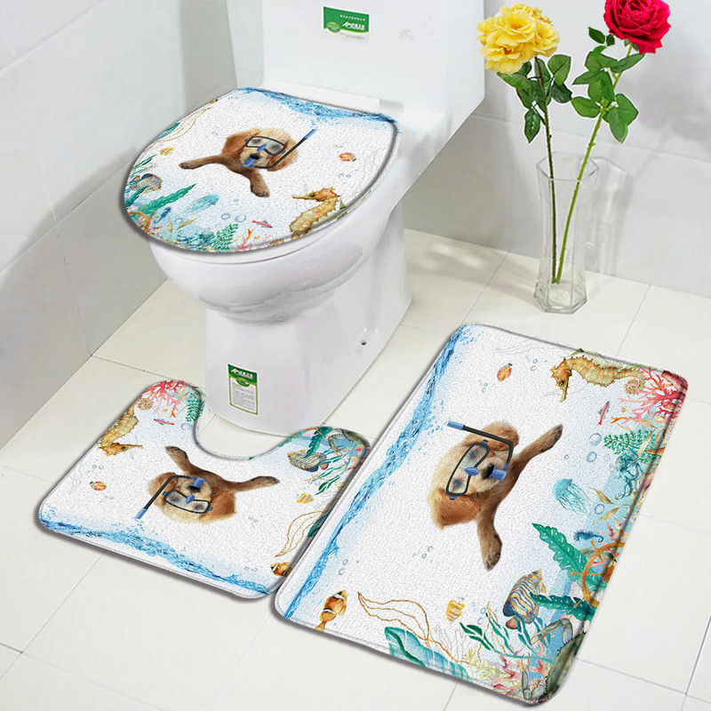 Smiješne životinje Set prostirki za kupanje Crtić Ronilačka mačka Pas Morska kornjača Morski konjić Oceanski krajolik Kupaonski dekor Tepih Neklizajući tepih Poklopac WC-a