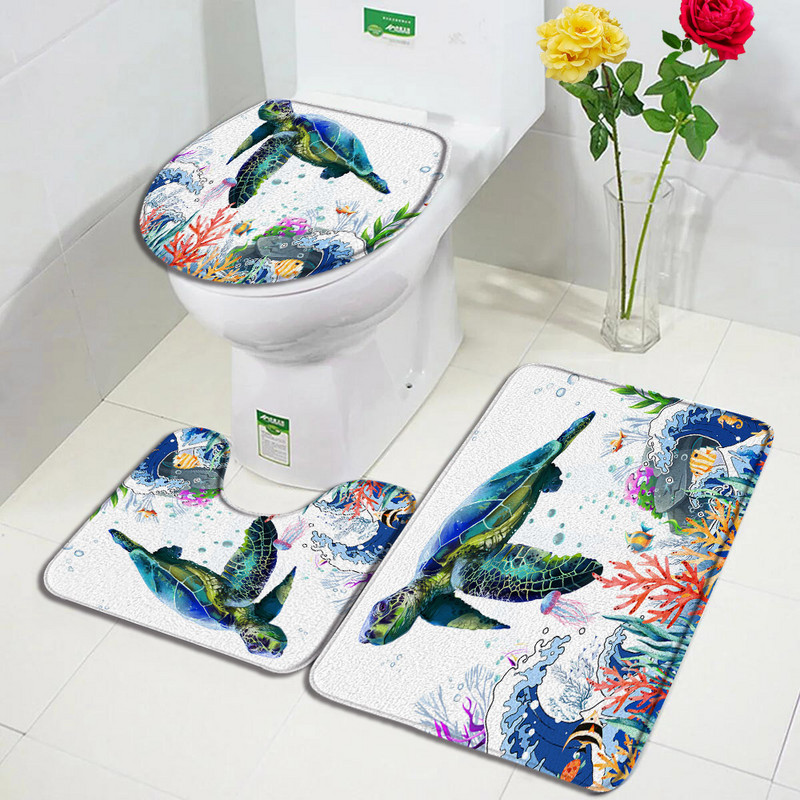 Smiješne životinje Set prostirki za kupanje Crtić Ronilačka mačka Pas Morska kornjača Morski konjić Oceanski krajolik Kupaonski dekor Tepih Neklizajući tepih Poklopac WC-a