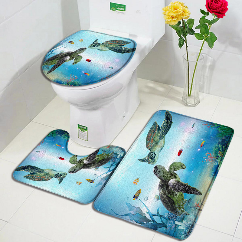 Smiješne životinje Set prostirki za kupanje Crtić Ronilačka mačka Pas Morska kornjača Morski konjić Oceanski krajolik Kupaonski dekor Tepih Neklizajući tepih Poklopac WC-a