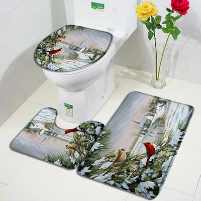 Crvene ptice Komplet prostirki za kupanje Snježna borova šuma Zimski krajolik Tepih Božićni dekor za kupaonicu Neklizajući tepih za vrata Poklopac za WC školjku