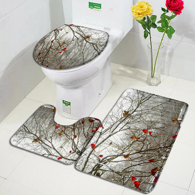 Crvene ptice Komplet prostirki za kupanje Snježna borova šuma Zimski krajolik Tepih Božićni dekor za kupaonicu Neklizajući tepih za vrata Poklopac za WC školjku