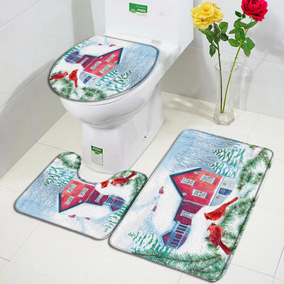Crvene ptice Komplet prostirki za kupanje Snježna borova šuma Zimski krajolik Tepih Božićni dekor za kupaonicu Neklizajući tepih za vrata Poklopac za WC školjku
