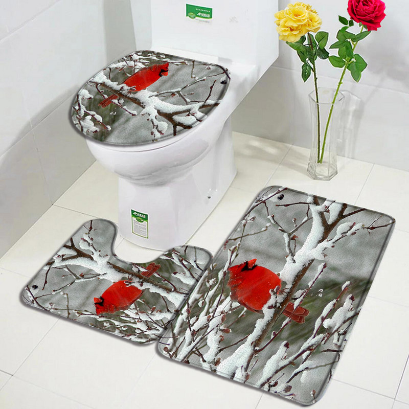 Crvene ptice Komplet prostirki za kupanje Snježna borova šuma Zimski krajolik Tepih Božićni dekor za kupaonicu Neklizajući tepih za vrata Poklopac za WC školjku