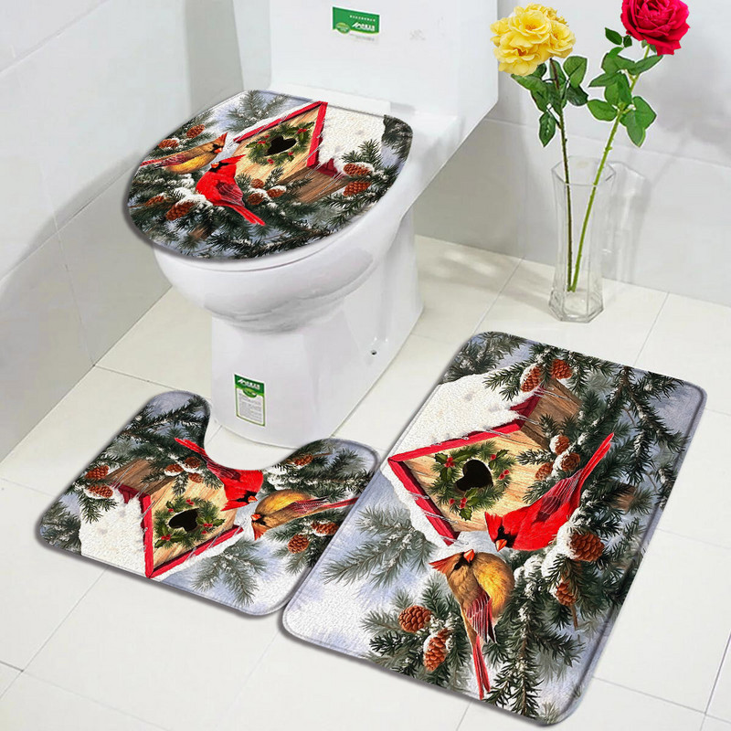 Crvene ptice Komplet prostirki za kupanje Snježna borova šuma Zimski krajolik Tepih Božićni dekor za kupaonicu Neklizajući tepih za vrata Poklopac za WC školjku