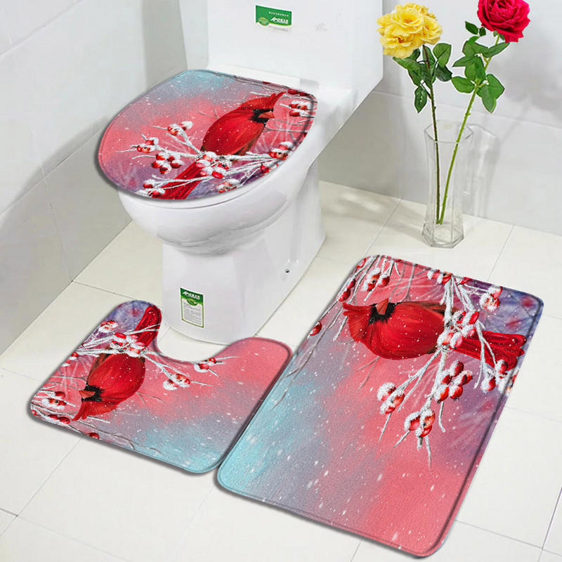 Crvene ptice Komplet prostirki za kupanje Snježna borova šuma Zimski krajolik Tepih Božićni dekor za kupaonicu Neklizajući tepih za vrata Poklopac za WC školjku