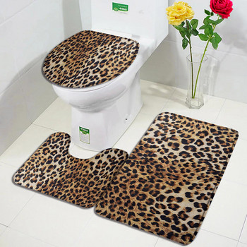 Кафяв комплект постелки за баня с леопардов принт Моден модел с козина на диви животни Модерен декор за баня Неплъзгащ се килим Покривало за капак на тоалетна Домашен килим