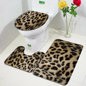 Кафяв комплект постелки за баня с леопардов принт Моден модел с козина на диви животни Модерен декор за баня Неплъзгащ се килим Покривало за капак на тоалетна Домашен килим