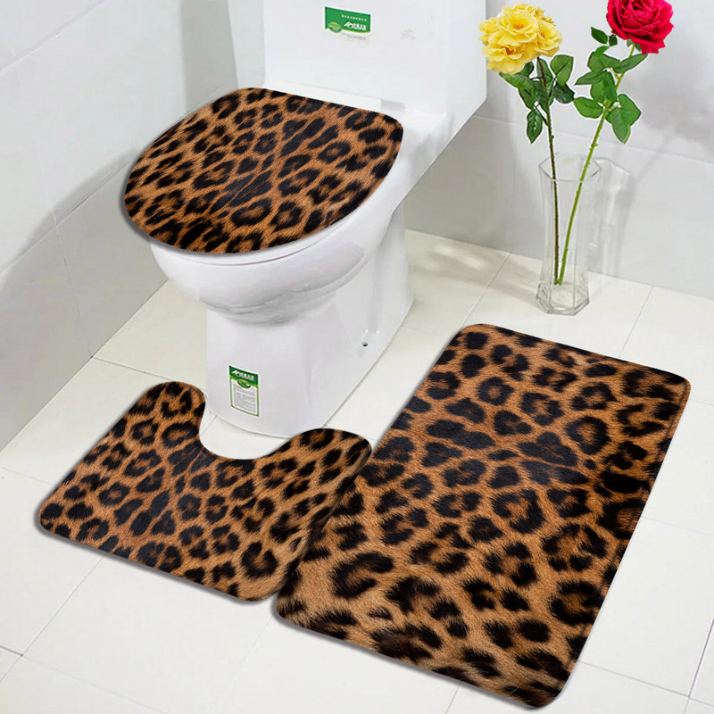 Smeđi leopard set prostirki za kupanje Modni uzorak krzna divljih životinja Moderni kupaonski dekor Neklizajući tepih Poklopac za WC školjku Kućni tepih