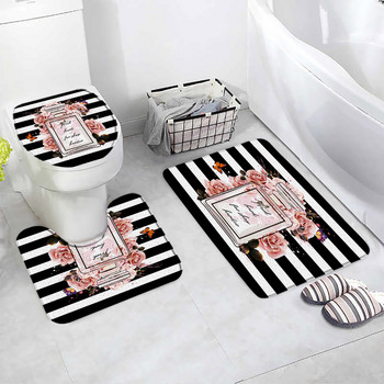 Цветен парфюм Комплект постелки за баня Butterfly Pink Floral Black White Striped Fashion Woman Girl Bathroom Decor Нехлъзгащ се килим Капак за тоалетна