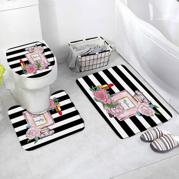 Цветен парфюм Комплект постелки за баня Butterfly Pink Floral Black White Striped Fashion Woman Girl Bathroom Decor Нехлъзгащ се килим Капак за тоалетна