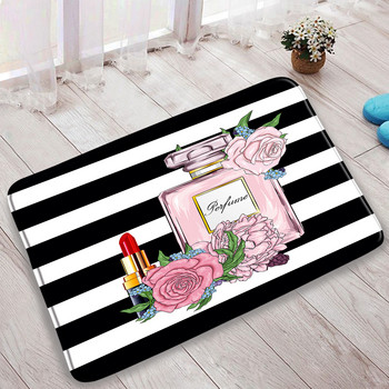 Цветен парфюм Комплект постелки за баня Butterfly Pink Floral Black White Striped Fashion Woman Girl Bathroom Decor Нехлъзгащ се килим Капак за тоалетна