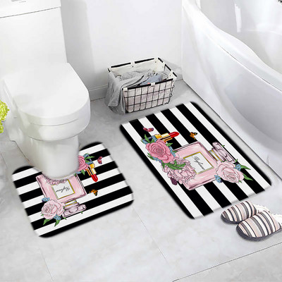 Cvjetni parfem Set prostirki za kupanje Leptir ružičasta cvjetna crno-bijela prugasta modna ženska djevojka Kupaonski dekor Neklizajući tepih Poklopac za WC