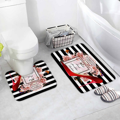 Cvjetni parfem Set prostirki za kupanje Leptir ružičasta cvjetna crno-bijela prugasta modna ženska djevojka Kupaonski dekor Neklizajući tepih Poklopac za WC