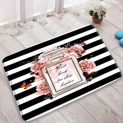 Cvjetni parfem Set prostirki za kupanje Leptir ružičasta cvjetna crno-bijela prugasta modna ženska djevojka Kupaonski dekor Neklizajući tepih Poklopac za WC