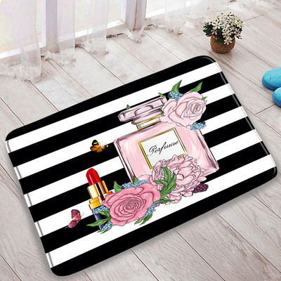 Cvjetni parfem Set prostirki za kupanje Leptir ružičasta cvjetna crno-bijela prugasta modna ženska djevojka Kupaonski dekor Neklizajući tepih Poklopac za WC