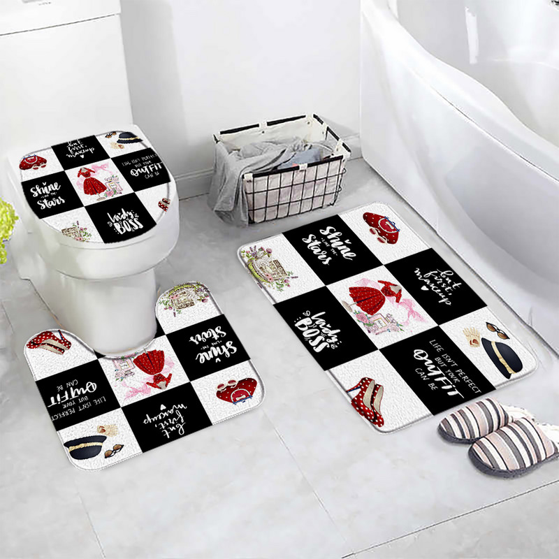 Cvjetni parfem Set prostirki za kupanje Leptir ružičasta cvjetna crno-bijela prugasta modna ženska djevojka Kupaonski dekor Neklizajući tepih Poklopac za WC