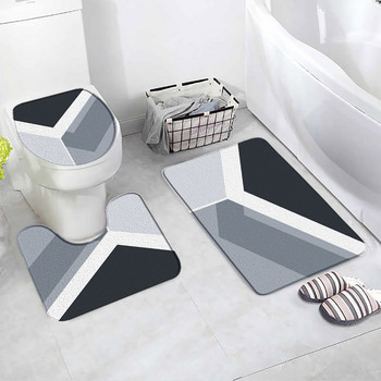 Черно-бели комплекти постелки за баня с биволско каре Сив квадрат Творчески геометричен декор за баня Килим Врата Килими Неплъзгаща се постелка за капак на тоалетна