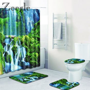 Zeegle 4PCS Scenic Pattern Μπάνιο με αντιολισθητικό βάθρο Κάλυμμα χαλιού Κάλυμμα τουαλέτας Σετ χαλάκι μπάνιου Σετ Μοκέτα Χαλιά Τουαλέτας