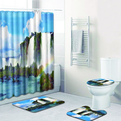 Zeegle 4PCS Scenic Pattern Kupaonska neklizajuća prostirka Poklopac za WC školjku Set prostirki za kupaonicu Kupaonski set Tepih WC prostirke