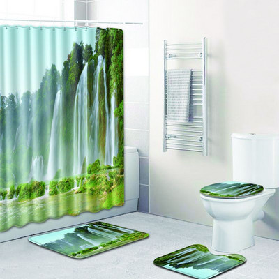 Zeegle 4PCS Scenic Pattern Kupaonska neklizajuća prostirka Poklopac za WC školjku Set prostirki za kupaonicu Kupaonski set Tepih WC prostirke