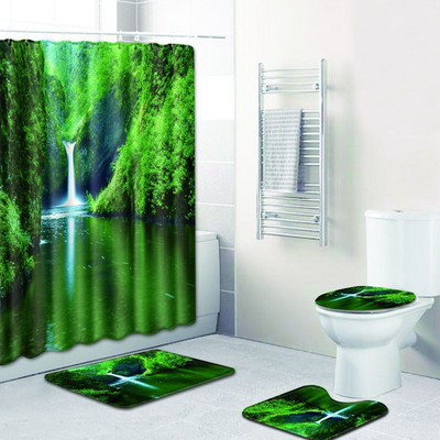 Zeegle 4PCS Scenic Pattern Kupaonska neklizajuća prostirka Poklopac za WC školjku Set prostirki za kupaonicu Kupaonski set Tepih WC prostirke