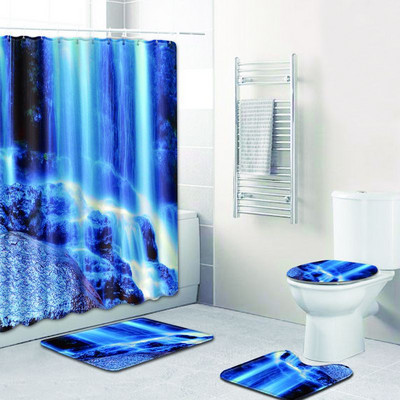 Zeegle 4PCS Scenic Pattern Kupaonska neklizajuća prostirka Poklopac za WC školjku Set prostirki za kupaonicu Kupaonski set Tepih WC prostirke