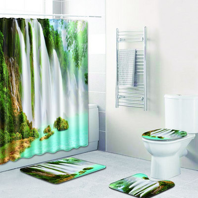 Zeegle 4PCS Scenic Pattern Kupaonska neklizajuća prostirka Poklopac za WC školjku Set prostirki za kupaonicu Kupaonski set Tepih WC prostirke