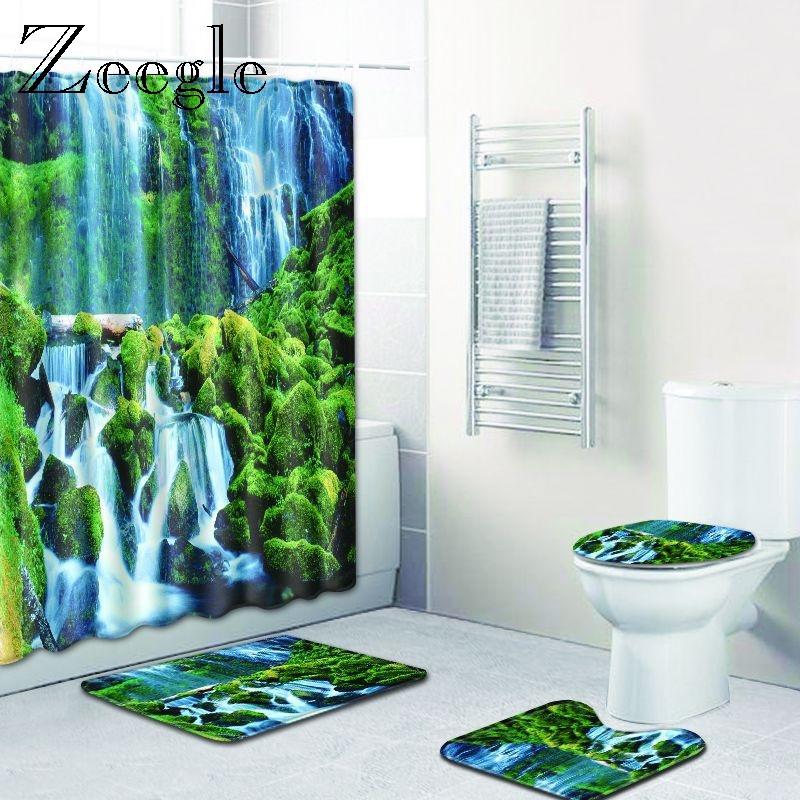 Zeegle 4PCS Scenic Pattern Kupaonska neklizajuća prostirka Poklopac za WC školjku Set prostirki za kupaonicu Kupaonski set Tepih WC prostirke