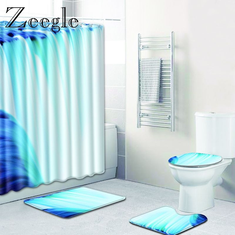 Zeegle 4PCS Scenic Pattern Kupaonska neklizajuća prostirka Poklopac za WC školjku Set prostirki za kupaonicu Kupaonski set Tepih WC prostirke