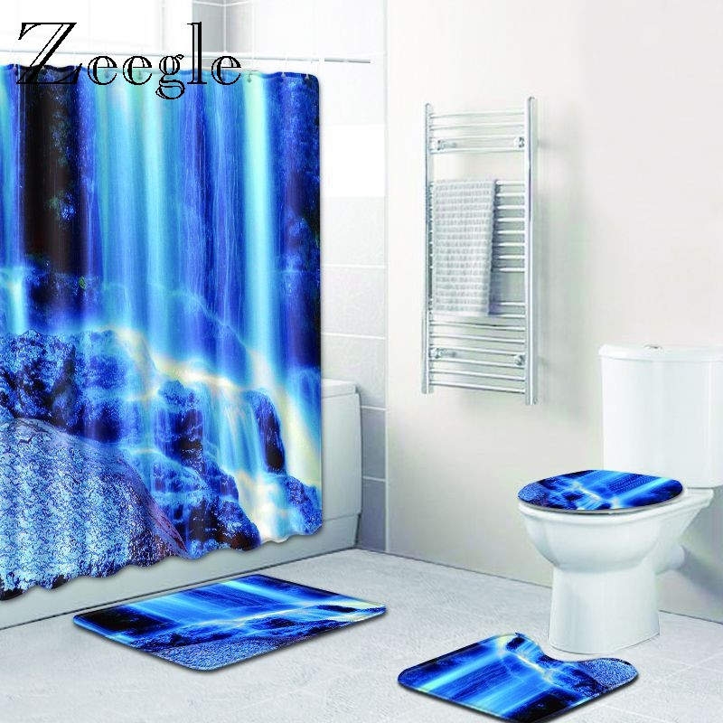 Zeegle 4PCS Scenic Pattern Kupaonska neklizajuća prostirka Poklopac za WC školjku Set prostirki za kupaonicu Kupaonski set Tepih WC prostirke