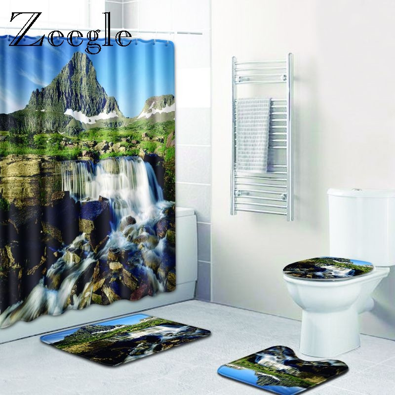 Zeegle 4PCS Scenic Pattern Kupaonska neklizajuća prostirka Poklopac za WC školjku Set prostirki za kupaonicu Kupaonski set Tepih WC prostirke